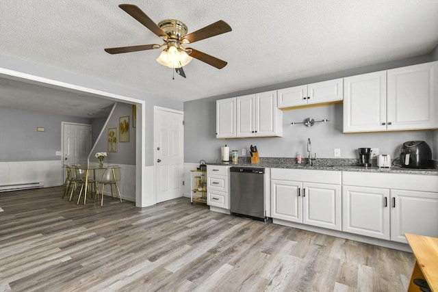 11 Broad St Unit 11, Hardwick, MA 01005 - kitchen with dishwasher, a sink, ceiling fan, white cabinetry, and light wood finished floors