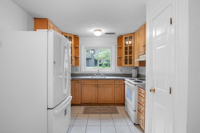 401 Colonial Dr Unit 35, Ipswich, MA 01938 - kitchen with white appliances, under cabinet range hood, open shelves, a sink, and light tile patterned floors