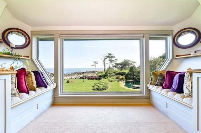 interior space with a water view and vaulted ceiling