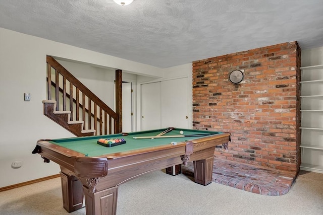 rec room featuring carpet floors, billiards table, a textured ceiling, and baseboards