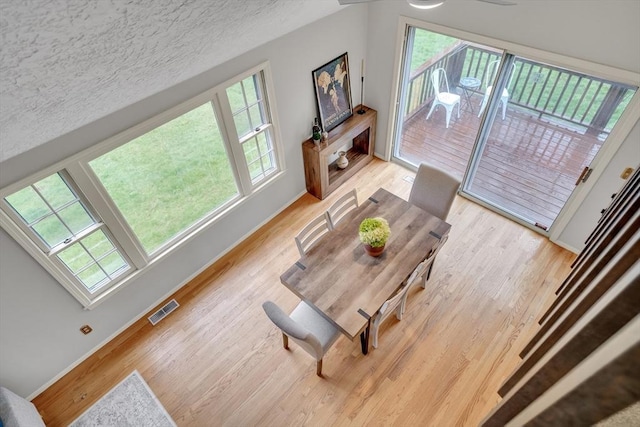 living room with light wood-style flooring, baseboards, plenty of natural light, and a textured ceiling