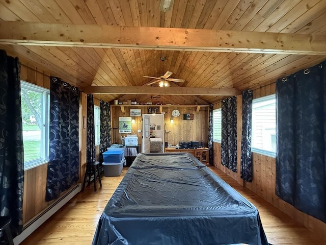 4 Perryville Rd, Webster, MA 01570 - rec room featuring light wood-type flooring, a baseboard radiator, wooden ceiling, wood walls, and ceiling fan