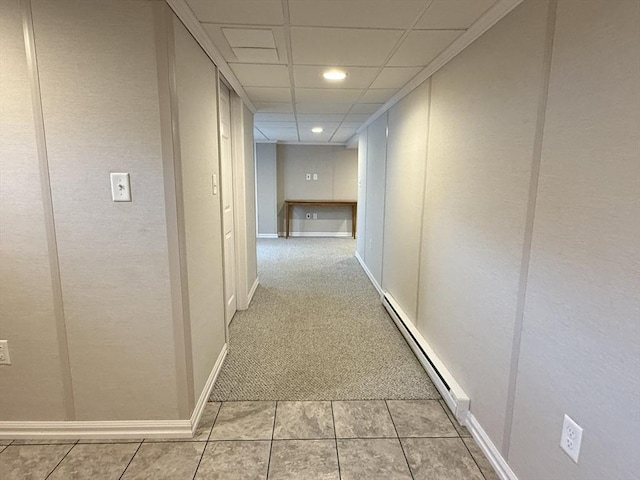 4 Perryville Rd, Webster, MA 01570 - corridor featuring a baseboard heating unit, recessed lighting, light tile patterned floors, baseboards, and a drop ceiling