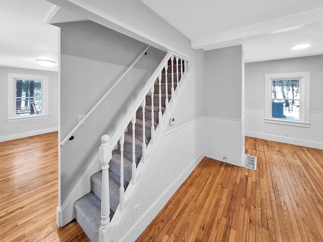 stairs with hardwood / wood-style flooring