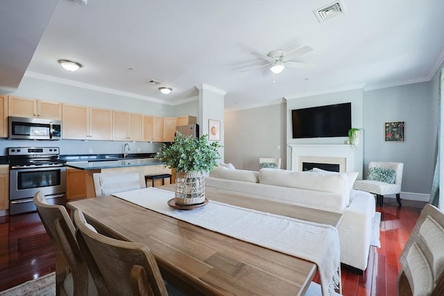 interior space with ceiling fan, dark hardwood / wood-style flooring, sink, and crown molding