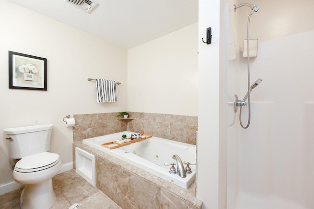 bathroom featuring toilet and shower with separate bathtub