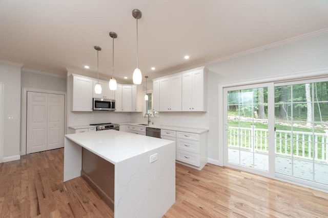 LOT0 Pine Hill Rd, Oxford, MA 01537 - kitchen with appliances with stainless steel finishes, crown molding, a sink, light wood finished floors, and light countertops
