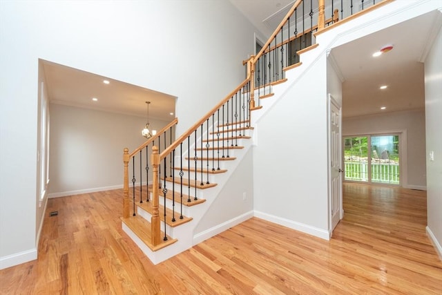 LOT0 Pine Hill Rd, Oxford, MA 01537 - staircase with wood finished floors, crown molding, recessed lighting, baseboards, and a chandelier