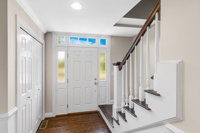 4 Derby Unit B, Salisbury, MA 01952 - entryway with dark wood-style floors, stairway, recessed lighting, and ornamental molding