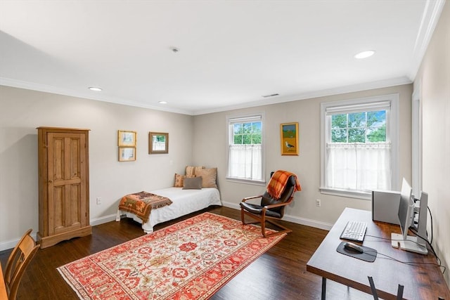 4 Derby Unit B, Salisbury, MA 01952 - bedroom with crown molding, dark wood-style flooring, recessed lighting, and an office area