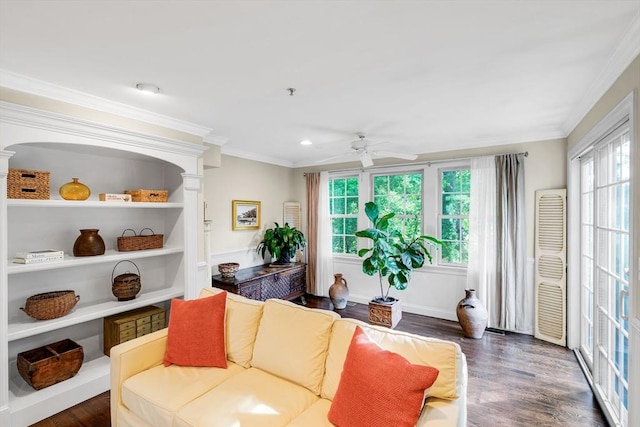 4 Derby Unit B, Salisbury, MA 01952 - living room featuring a ceiling fan, wood finished floors, crown molding, recessed lighting, and ornate columns