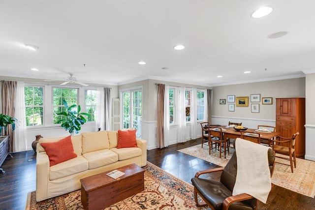 4 Derby Unit B, Salisbury, MA 01952 - living room featuring crown molding, a ceiling fan, recessed lighting, dark wood-style flooring, and wainscoting