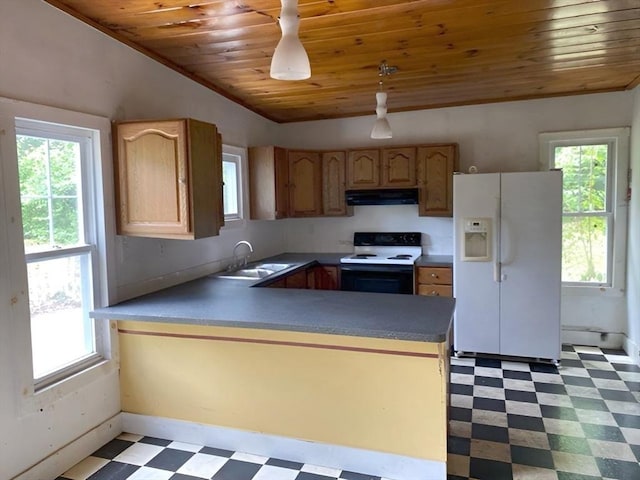 kitchen with white appliances, sink, wooden ceiling, hanging light fixtures, and plenty of natural light