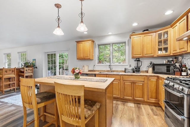 935 Old Keene Rd, Athol, MA 01331 - kitchen featuring black microwave, double oven range, wooden counters, healthy amount of natural light, and recessed lighting