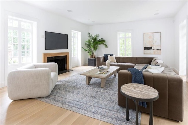 178 Ivy St, Brookline, MA 02446 - living area featuring light wood-style floors and a fireplace with raised hearth