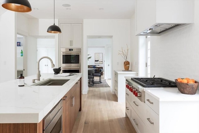 178 Ivy St, Brookline, MA 02446 - kitchen with a sink, appliances with stainless steel finishes, custom exhaust hood, light wood-style flooring, and a center island with sink
