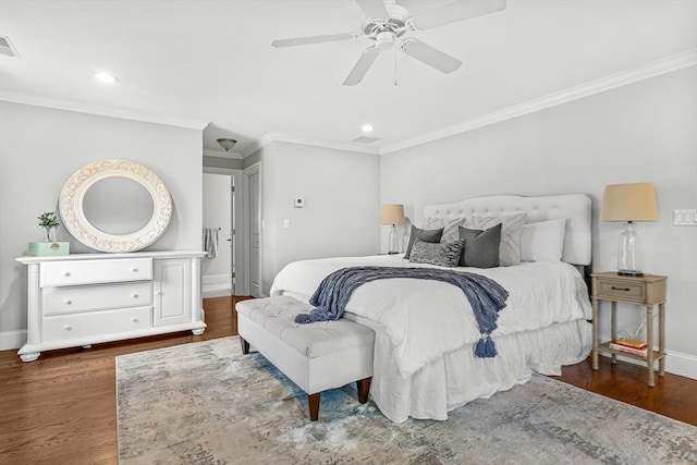 4 Fairfield Pl, Winchester, MA 01890 - bedroom with baseboards, wood finished floors, crown molding, recessed lighting, and a ceiling fan