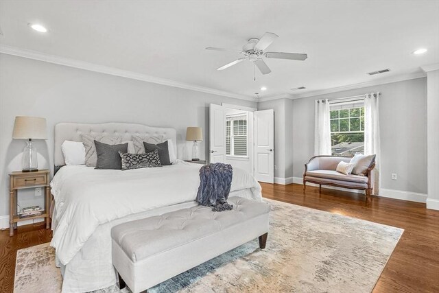 4 Fairfield Pl, Winchester, MA 01890 - bedroom with crown molding, baseboards, recessed lighting, wood finished floors, and ceiling fan