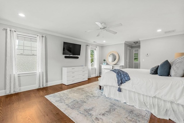 4 Fairfield Pl, Winchester, MA 01890 - bedroom featuring crown molding, baseboards, wood finished floors, recessed lighting, and ceiling fan