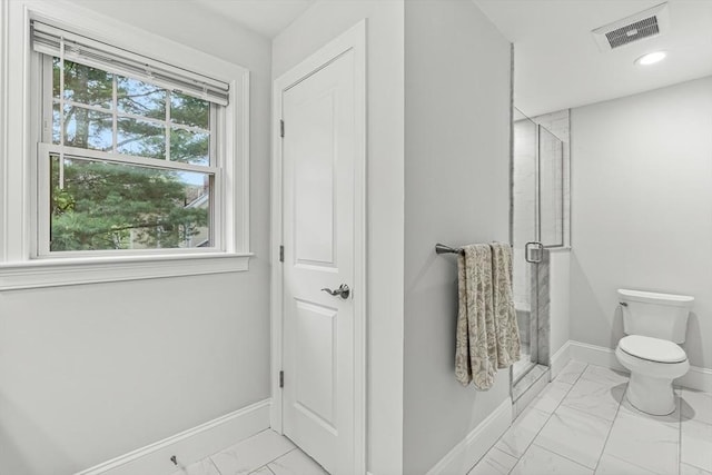 4 Fairfield Pl, Winchester, MA 01890 - bathroom with marble look tiles, baseboards, toilet, a stall shower, and recessed lighting
