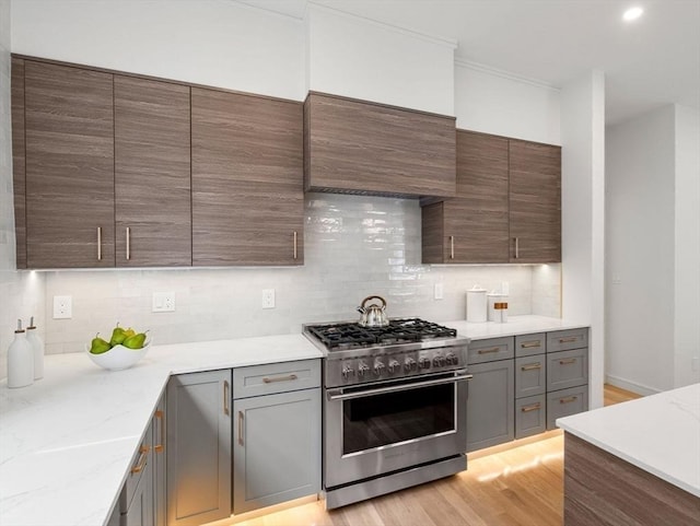 kitchen featuring light wood finished floors, light stone counters, high end stainless steel range, and backsplash