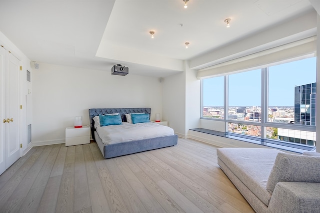 bedroom with light hardwood / wood-style floors