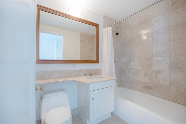 full bathroom with vanity, tile patterned flooring, toilet, and shower / bathtub combination with curtain