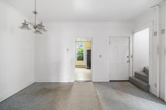 300-302 Main St, Gloucester, MA 01930 - unfurnished room with crown molding, stairs, a chandelier, and a baseboard heating unit