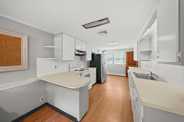 32 Standish Ave, Plymouth, MA 02360 - kitchen with open shelves, white electric stove, under cabinet range hood, freestanding refrigerator, and crown molding