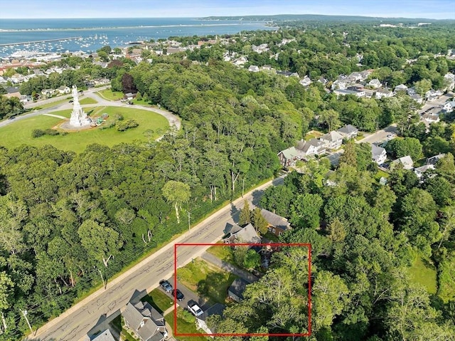 32 Standish Ave, Plymouth, MA 02360 - aerial view of property and surrounding area with property parcel outlined and a large body of water