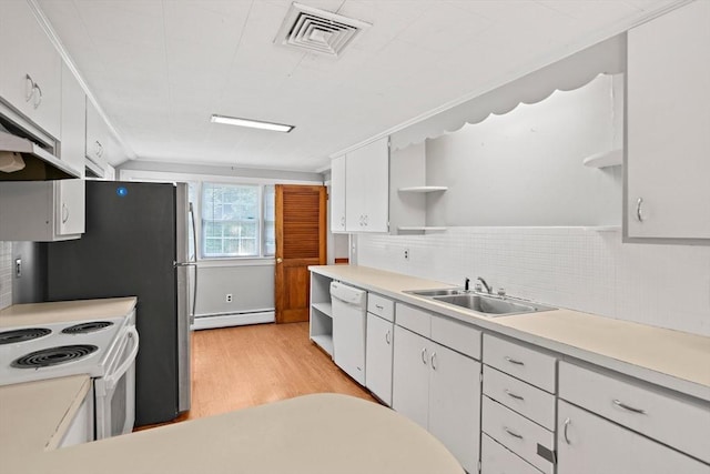 32 Standish Ave, Plymouth, MA 02360 - kitchen featuring open shelves, a baseboard radiator, white appliances, light wood-type flooring, and backsplash