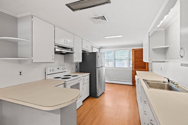 32 Standish Ave, Plymouth, MA 02360 - kitchen featuring open shelves, white electric range oven, under cabinet range hood, ornamental molding, and light wood-type flooring
