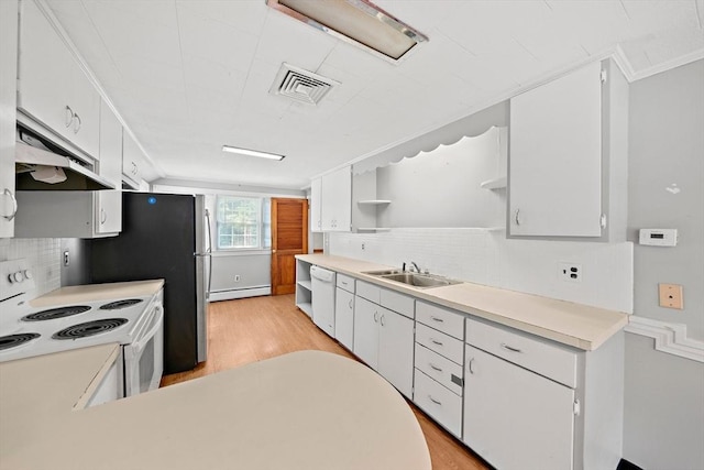 32 Standish Ave, Plymouth, MA 02360 - kitchen featuring open shelves, under cabinet range hood, white appliances, light wood-type flooring, and baseboard heating
