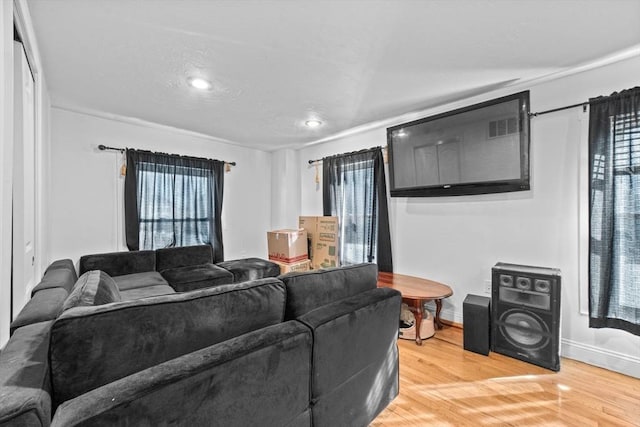 living room with a wealth of natural light, light wood-type flooring, and baseboards