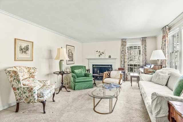 living room with light carpet and ornamental molding