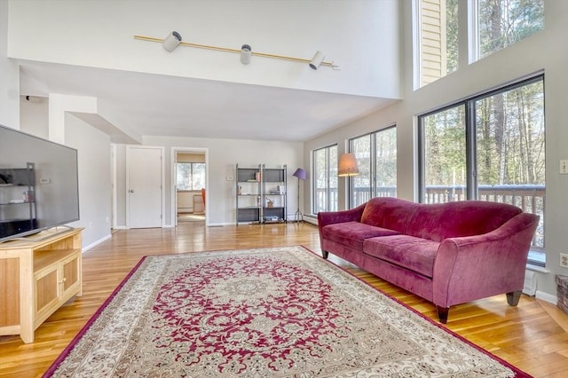 living area featuring baseboards, a healthy amount of sunlight, a high ceiling, and light wood-style floors