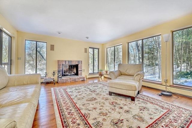 living room featuring a baseboard radiator, plenty of natural light, wood-type flooring, and a fireplace