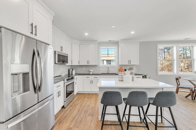 kitchen featuring sink, a breakfast bar area, stainless steel appliances, white cabinets, and a kitchen island