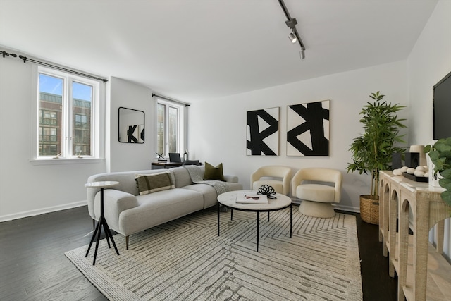 living room with rail lighting and hardwood / wood-style flooring