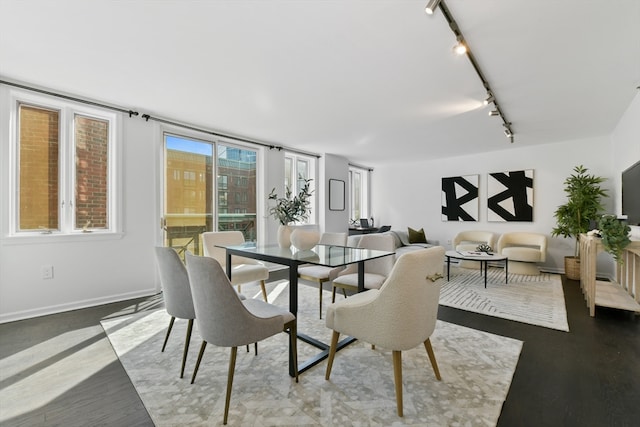 dining room with wood-type flooring and rail lighting