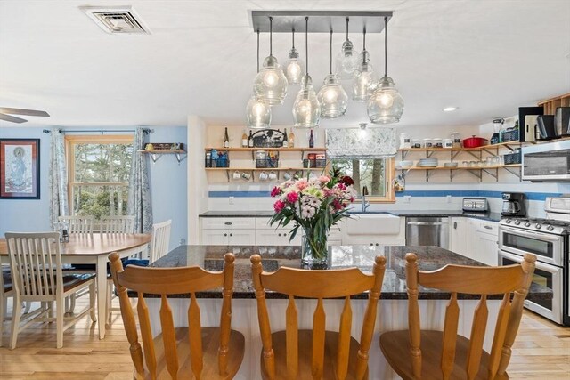 11 Michael Rd, Bourne, MA 02559 - dining space featuring plenty of natural light, a ceiling fan, visible vents, and light wood-style floors