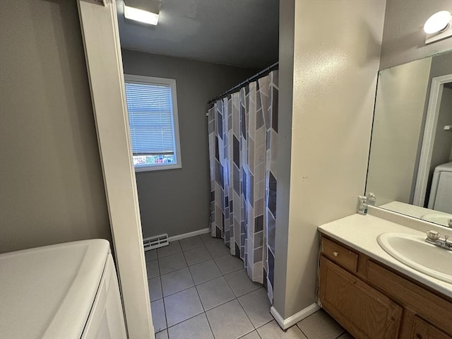 full bath with tile patterned floors, visible vents, baseboards, and vanity