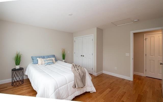 41 Winchester Unit 0, Hampstead, NH 03826 - bedroom featuring baseboards, light wood-style flooring, attic access, and a closet
