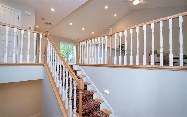 41 Winchester Unit 0, Hampstead, NH 03826 - stairs featuring recessed lighting, a ceiling fan, baseboards, and high vaulted ceiling