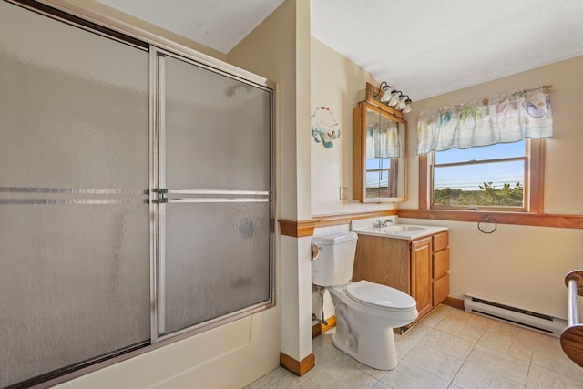 full bathroom featuring a baseboard radiator, tile patterned floors, toilet, shower / bath combination with glass door, and vanity