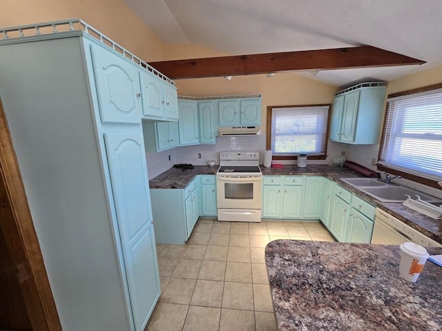 311 Phillips Rd, Sandwich, MA 02563 - kitchen featuring white appliances, a sink, range hood, light tile patterned floors, and backsplash