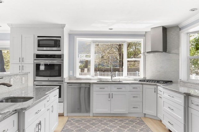 kitchen with wall chimney range hood, appliances with stainless steel finishes, ornamental molding, and a sink