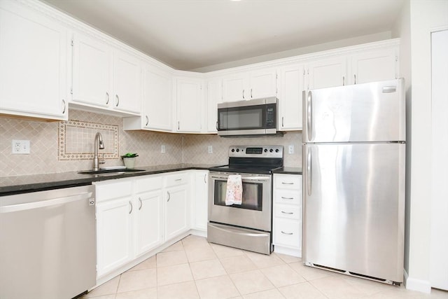 kitchen with backsplash, stainless steel appliances, sink, and white cabinets