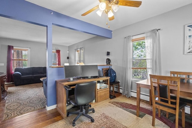 office area with wood finished floors, ceiling fan, and baseboards