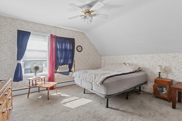 carpeted bedroom featuring wallpapered walls, vaulted ceiling, cooling unit, and ceiling fan